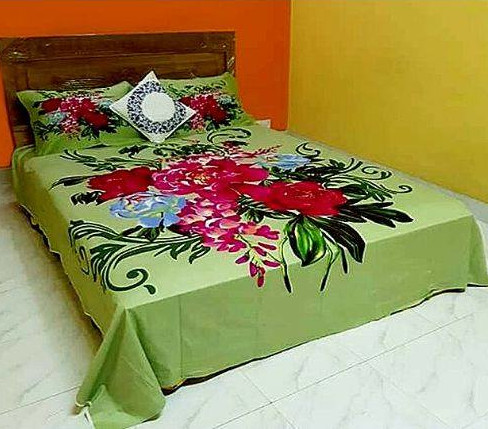 Green Banana Color Bed Cover with Flower Printed